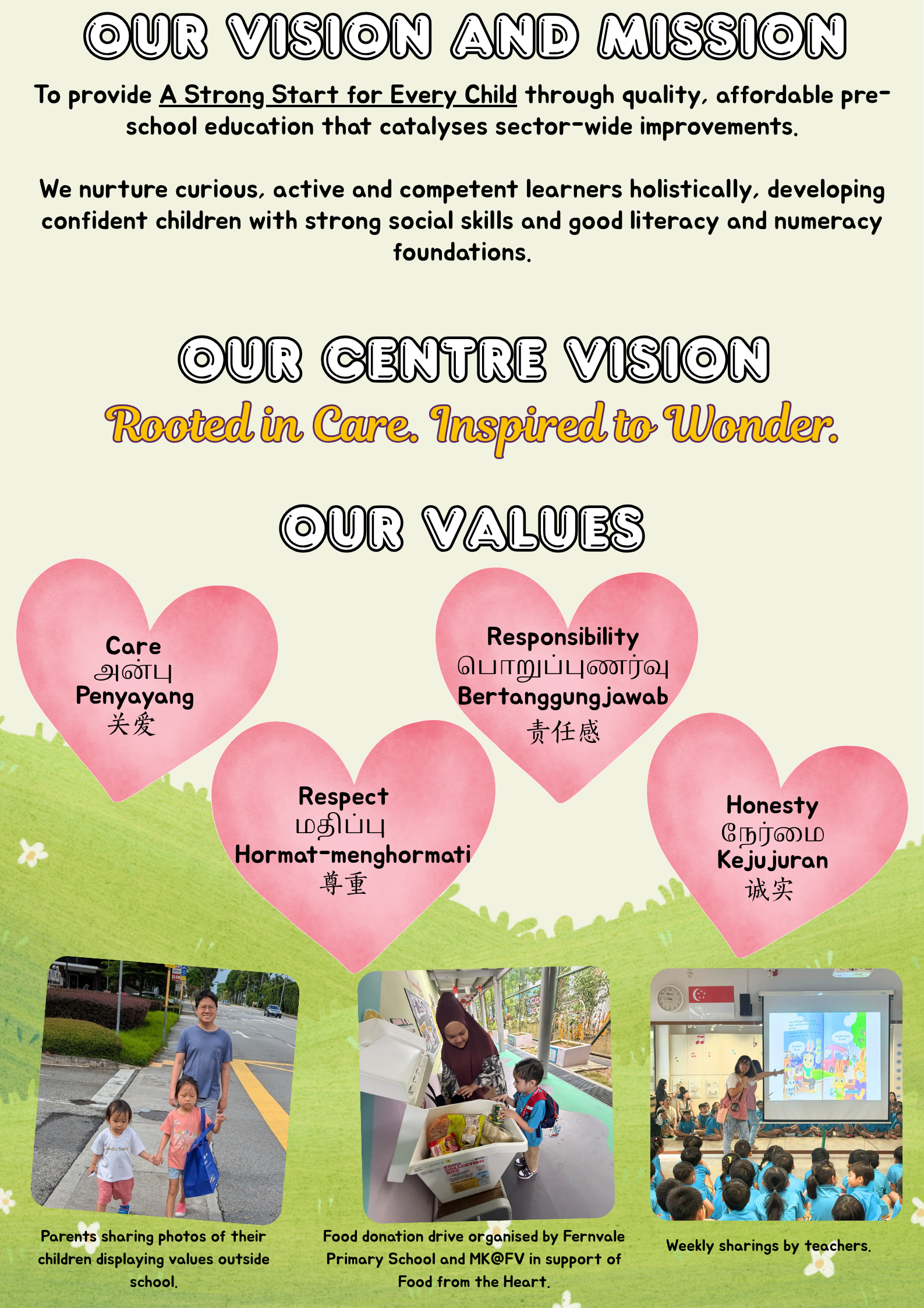 Poster showing a preschool vision, mission, and four core values in pink hearts, with photos of children and community activities.